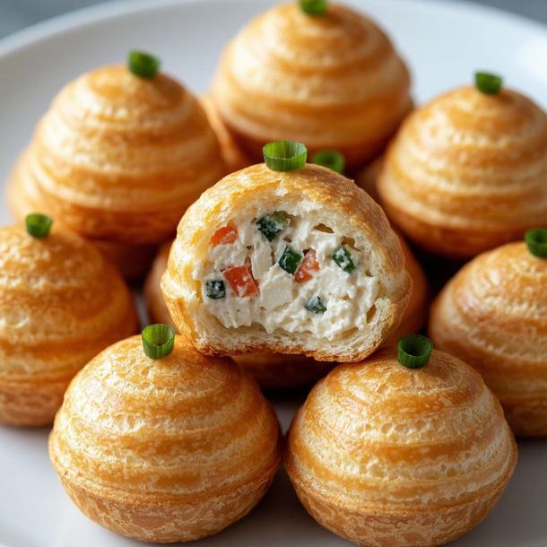 Профитроли с крабом, сливочным "айоли" и огурцом.