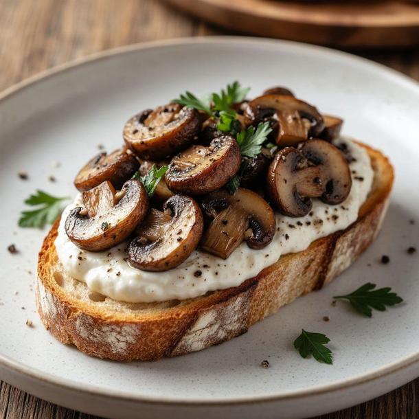 Брускетта с жареными грибочками на творожной пасте Брускетта с жареными грибочками на творожной пасте